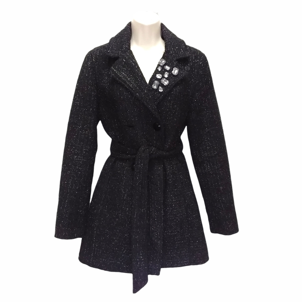 BKE (Buckle) Women's Black Sparkle Double Breasted Jeweled Belted Coat